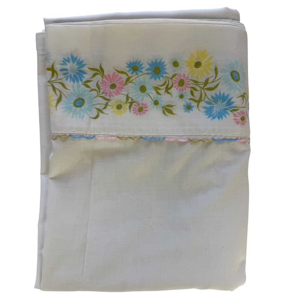 Vintage White Floral Flat Sheet Blue Pink Yellow Daisy Scalloped Edge Twin 70s